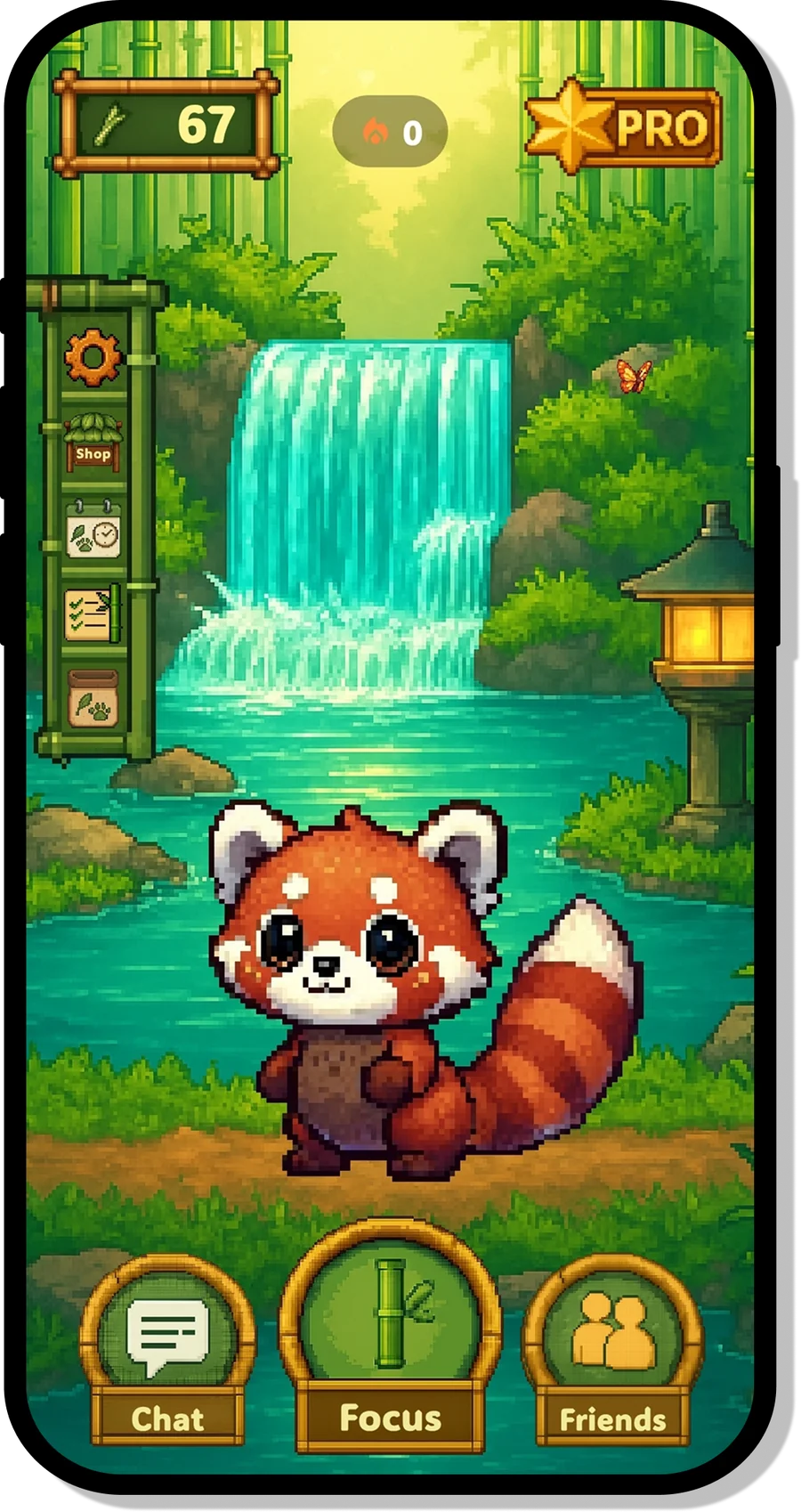 Bambo focus app home screen with panda companion and waterfall background