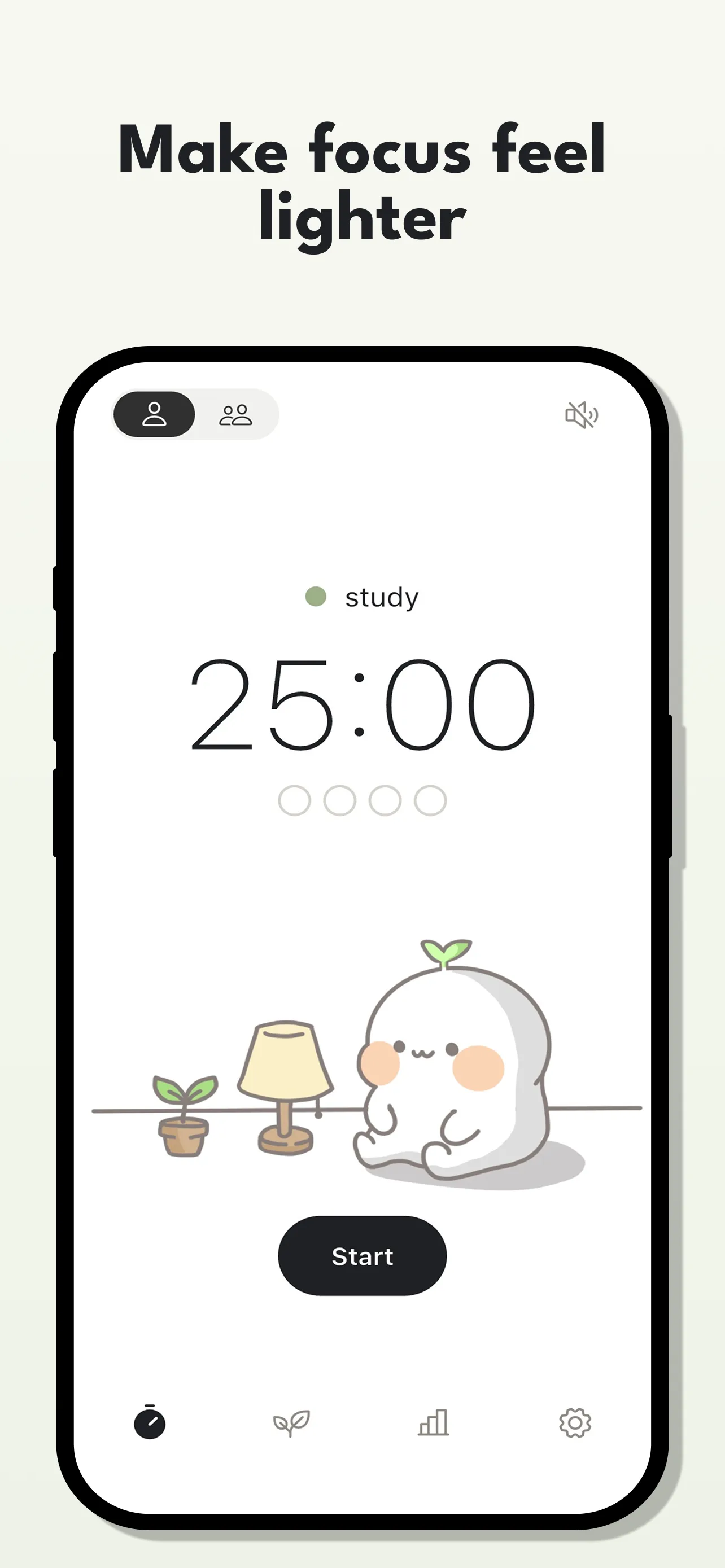 Patsspace focus timer with Pat, a small plant companion