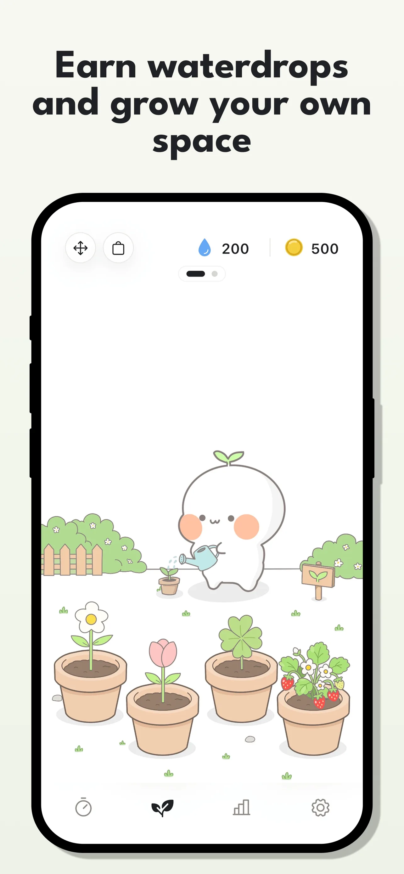 Patsspace garden with plants, Waterdrops, and Pat watering a seedling